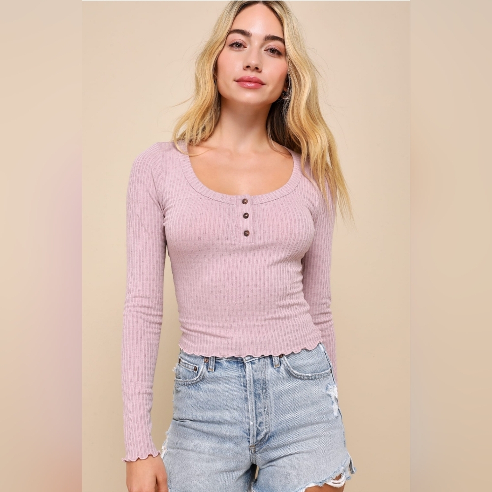 NWT S Lulus Everyday Instinct Mauve Cropped Pointelle Long Sleeve Henley Top